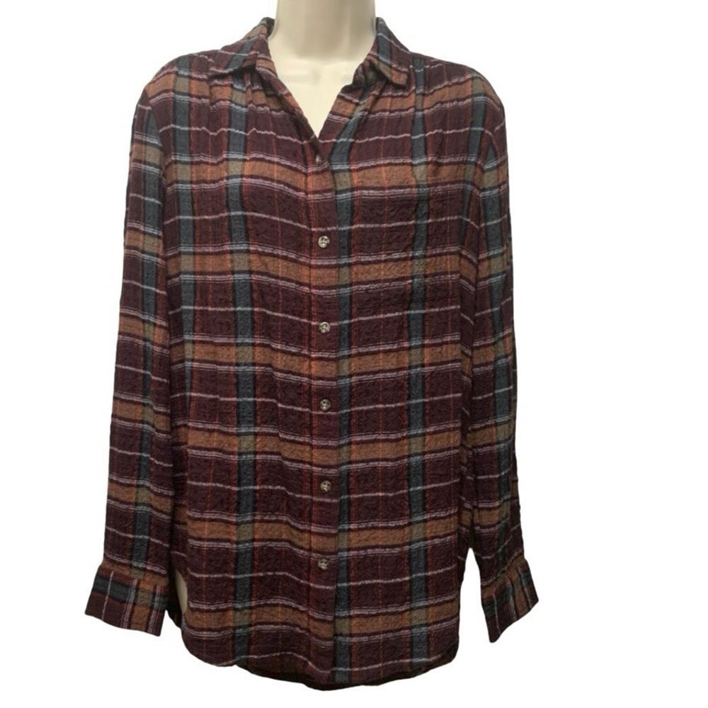 Beach Lunch Lounge Plaid Button Up Shirt XS Burgundy High Low Relaxed Fit
